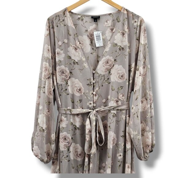 Torrid Maxi Dress Floral Long Sleeve 1X Gray Beige Tiered Chiffon Lined Boho NEW - Picture 8 of 12